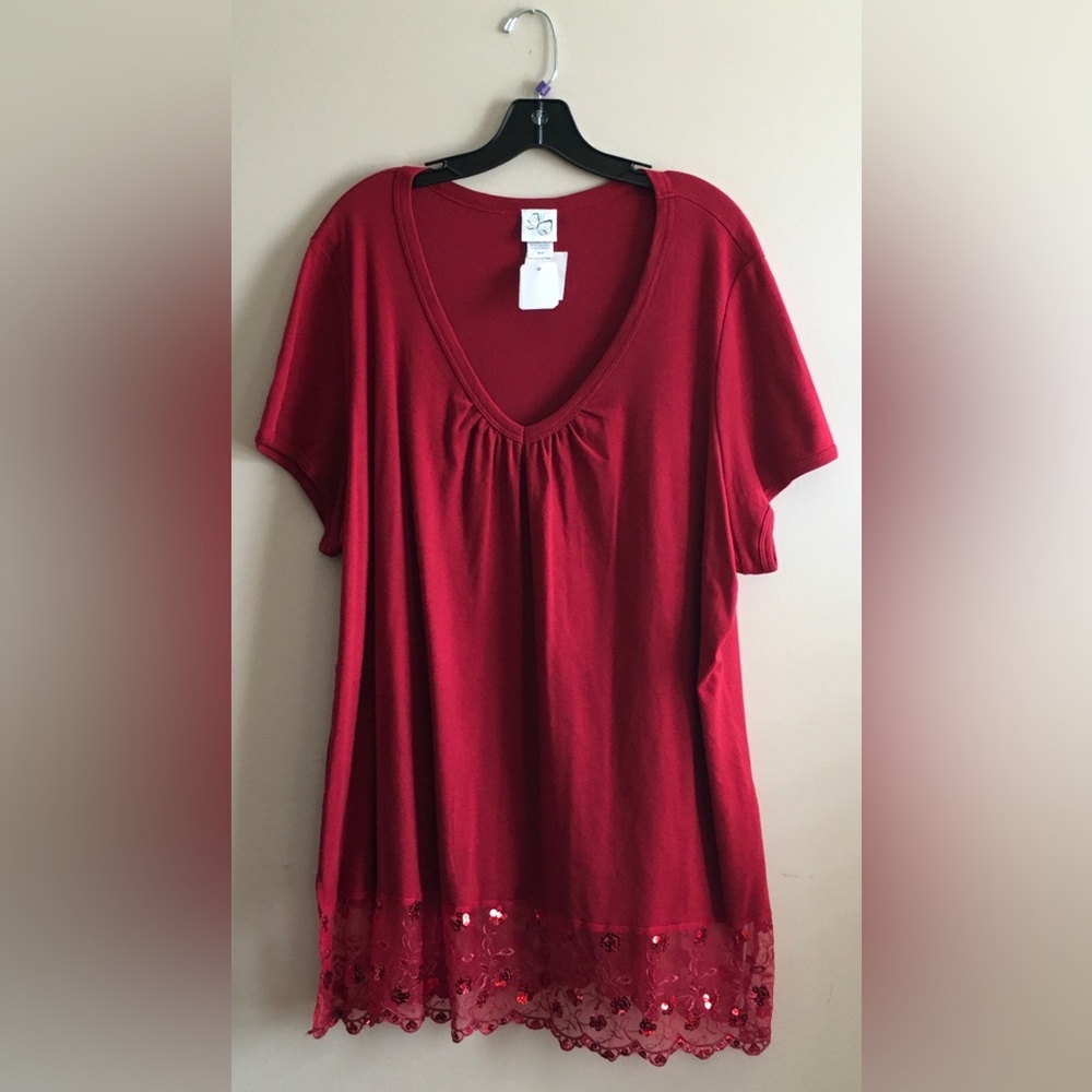Red V-Neck Top with Lace Trim